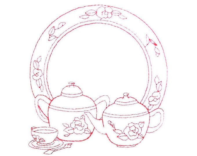 Redwork Tea embroidered quilt label to customize with your personal message