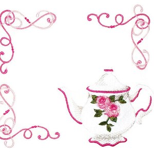 May include: A white teapot with pink roses and green leaves on the side, surrounded by a pink and white decorative frame.