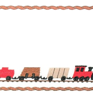 May include: A red train with three boxcars pulls along a track. The train is framed by a brown rope border.