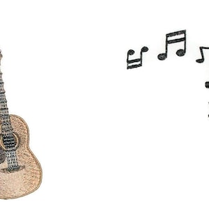 May include: A brown acoustic guitar with a light brown body and a dark brown neck. The guitar is surrounded by musical notes.