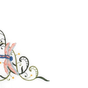 May include: A pink and blue dragonfly with black wings is perched on a green and black vine with small yellow flowers.