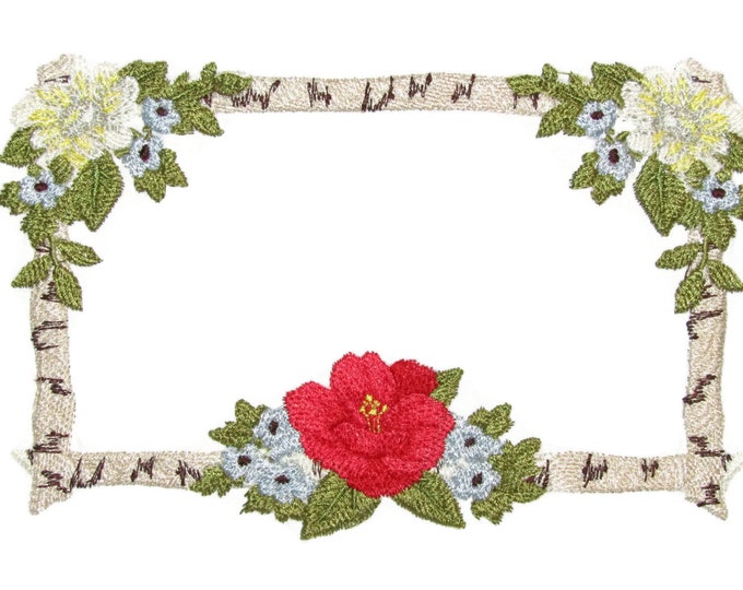 Floral birch floral frame embroidered quilt label to customize with your personal message