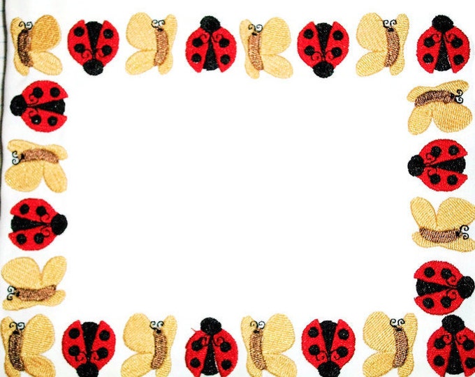 Ladybugs & Butterflies embroidered quilt label, to customize with your personal message