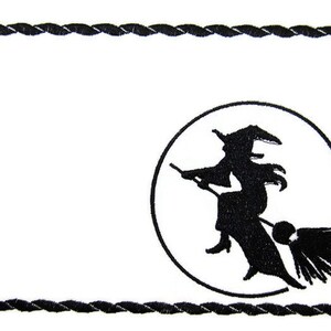 May include: Black and white silhouette of a witch flying on a broomstick in front of a full moon. The image is framed with a black rope border.