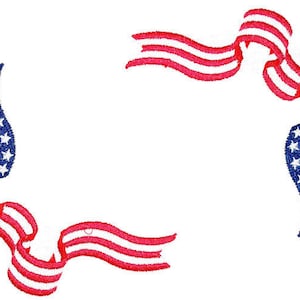 May include: A red, white, and blue American flag ribbon border design. The ribbon is curled and twisted to create a frame.