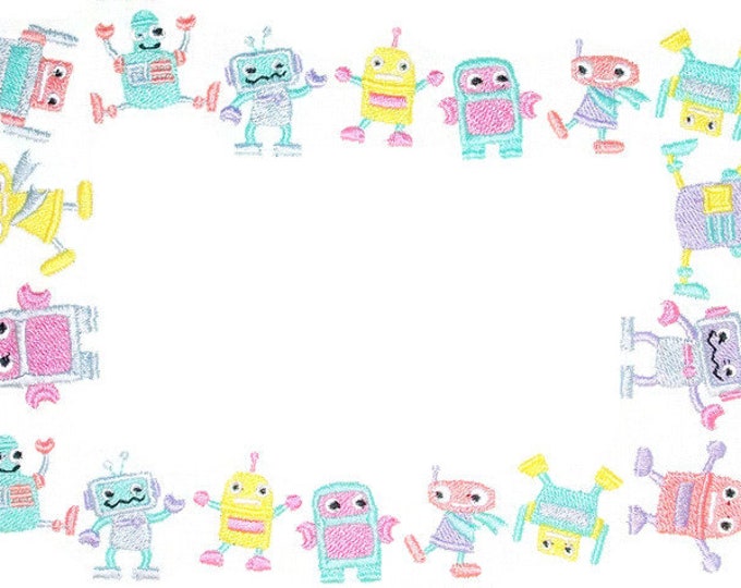 Fun Pastel Robots embroidered quilt label, to customize with your personal message