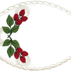 May include: White oval embroidery design with a rope border and a cluster of red raspberries with green leaves on the left side.