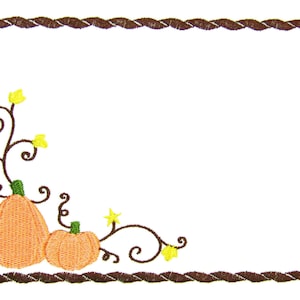 May include: A brown rope frame with a white background. The bottom left corner features two orange pumpkins with green stems and yellow leaves on a green vine.