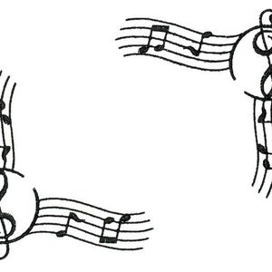 May include: Black and white illustration of musical notes and a treble clef in the corners of a frame.