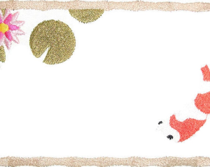 Japanese Koi embroidered quilt label to personalize with your custom message documenting your quilts history.