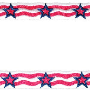 May include: Embroidered rectangular frame with a patriotic theme. The border features alternating red and white wavy stripes, with blue stars at regular intervals. The design is set against a white background, creating a bold and festive look.
