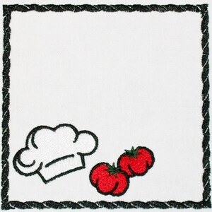 May include: White embroidered chef's hat with two red tomatoes on a white background with a black border.