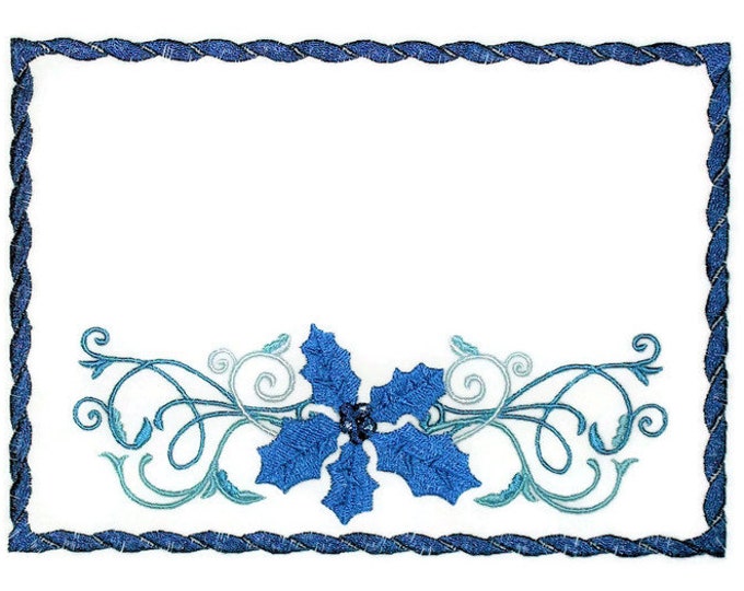 Blue Christmas Holly embroidered quilt label to customize with your personal message