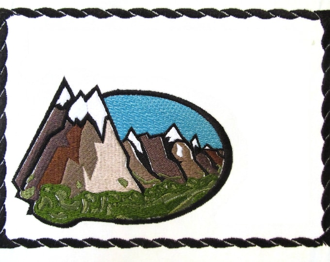 Mountain scenic view embroidered quilt label, to customize with your personal message