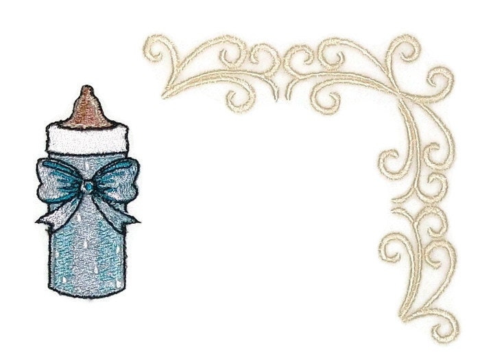 Baby bottle embroidered quilt label with scrollwork accent, to
