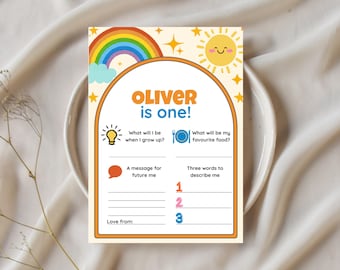 Plantilla de cápsula del tiempo para el primer cumpleaños: Tarjetas de predicción de recuerdo (Canva editables, imprimibles, tamaño A5/A6/5x7")