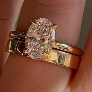 3 TCW Oval Cut Moissanite Diamond Engagement Ring & Wedding Band Set Yellow Gold Solitaire Bridal Jewelry Luxury Anniversary Gift for Her