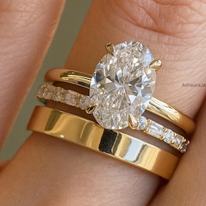 3.5 TCW Oval Cut Moissanite Engagement Ring with Solitaire Thick &Diamond Wedding Band in Gold Unique 3 Bridal Ring Set Luxury Birthday Gift
