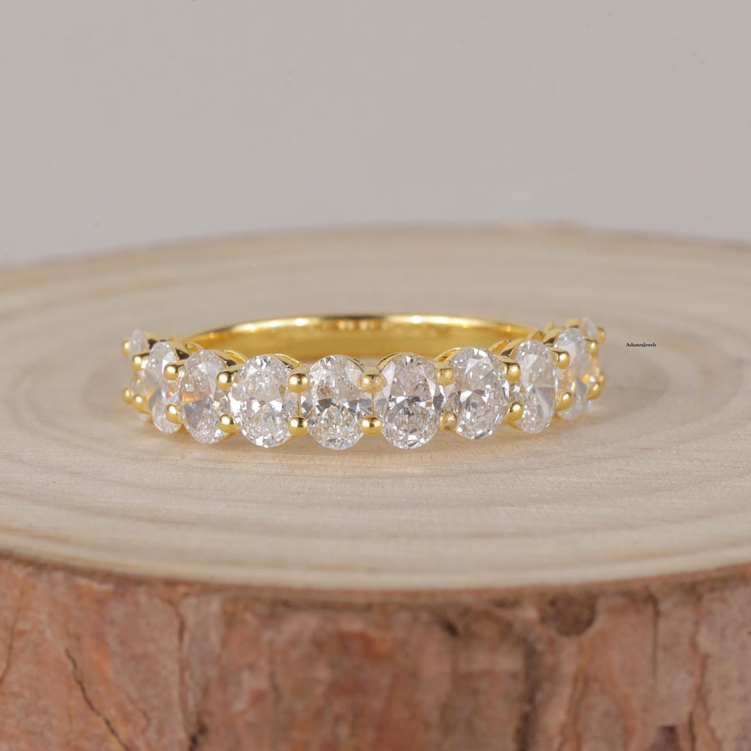 Oval Moissanite Ring Half Eternity Band 14K Gold Filled Ring Dainty ...