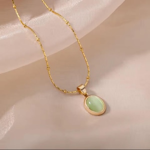 Gold Necklace with Stone Pendant - Oval Opal Necklace for Women, Stainless Steel Chain