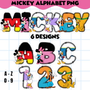 Puede incluir: Un diseño digital con la palabra "MICKEY" en un estilo de dibujos animados colorido, con Mickey Mouse, Minnie Mouse, Pato Donald, Daisy Duck, Goofy y Pluto. La imagen también incluye los números 1, 2 y 3, y las letras A, B y C.