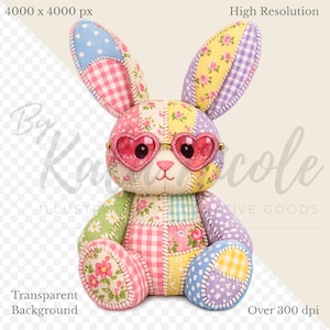 May include: A patchwork bunny plush toy with heart-shaped sunglasses. The bunny features a variety of fabrics in pastel colors and floral patterns. The image also includes text that says "By Ka Nicole" and "Illustrated Creative Goods".