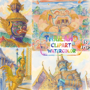 Thailand Watercolor Clipart Bundle: Authentic Temple Designs (3000x2000px, JPG, Digital Download, Commercial Use)