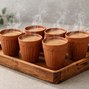 May include: Six terracotta cups filled with a warm, light brown beverage, likely tea or coffee, sit on a wooden tray. Steam rises from the cups, indicating the drink's heat. The cups have a ridged design, and the tray has a rectangular shape.