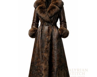 Vintage Brown Leather Long Coat | Faux Fur Trim, Winter Style