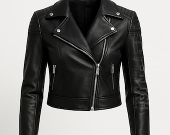 Chaqueta de cuero motociclista corta para mujer / Corte ajustado / Estilo urbano y rockero