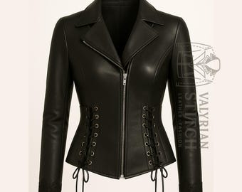 Women’s Black Leather Corset Jacket | Gothic Lace-Up Motorcycle Coat | Fitted Leather Outerwear