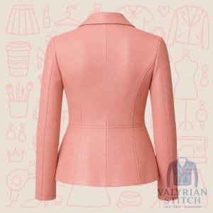 May include: A light pink leather jacket with a classic collar and long sleeves. The back view shows tailored seams and a fitted silhouette. The jacket is from Valyrian Stitch.