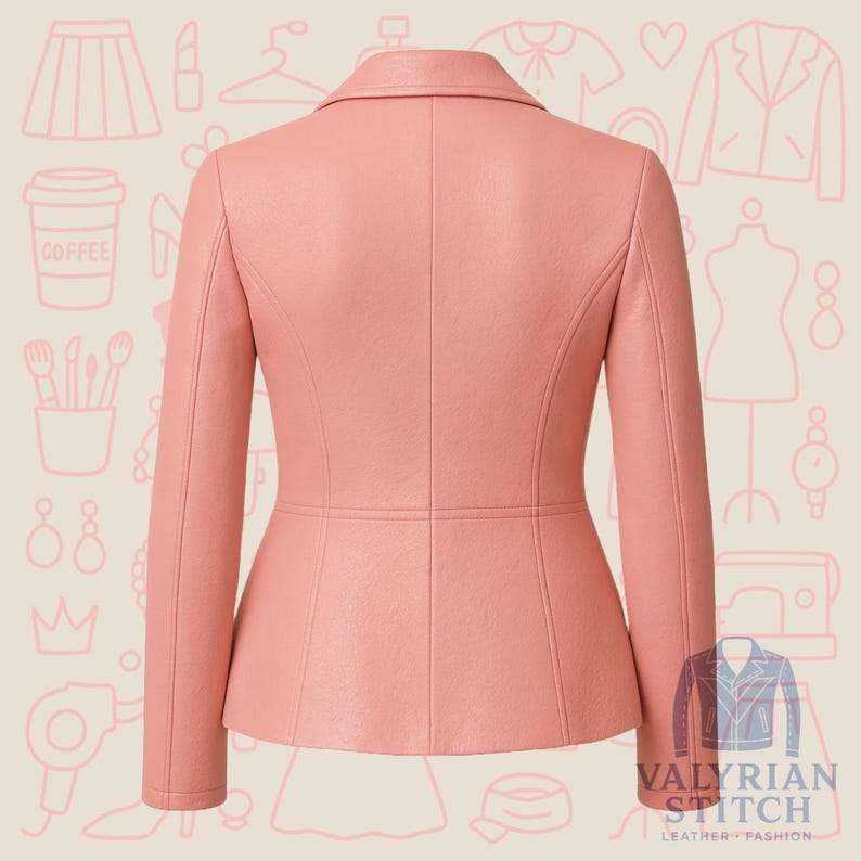 May include: A light pink leather jacket with a classic collar and long sleeves. The back view shows tailored seams and a fitted silhouette. The jacket is from Valyrian Stitch.