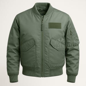 May include: An olive green bomber jacket with a ribbed collar, cuffs, and hem. It has a zip-up front, two front pockets, a patch on the chest, and a zipped pocket on the left sleeve. The jacket has a classic, military-inspired design.