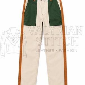 May include: Pants featuring a color-blocked design with a cream center, dark green front pockets, and brown side panels and waistband. The pants include a button closure and belt loops. The text VALYRIAN STITCH LEATHER FASHION is visible.