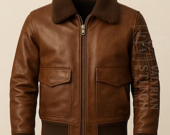 Men’s Brown Shearling Collar Bomber Leather Jacket | Classic Aviator Style