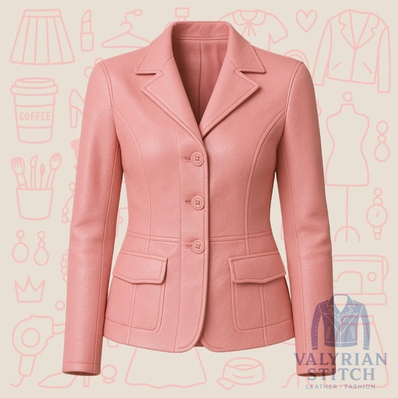Pink Leather Blazer: Women's Tailored Genuine Leather Jacket