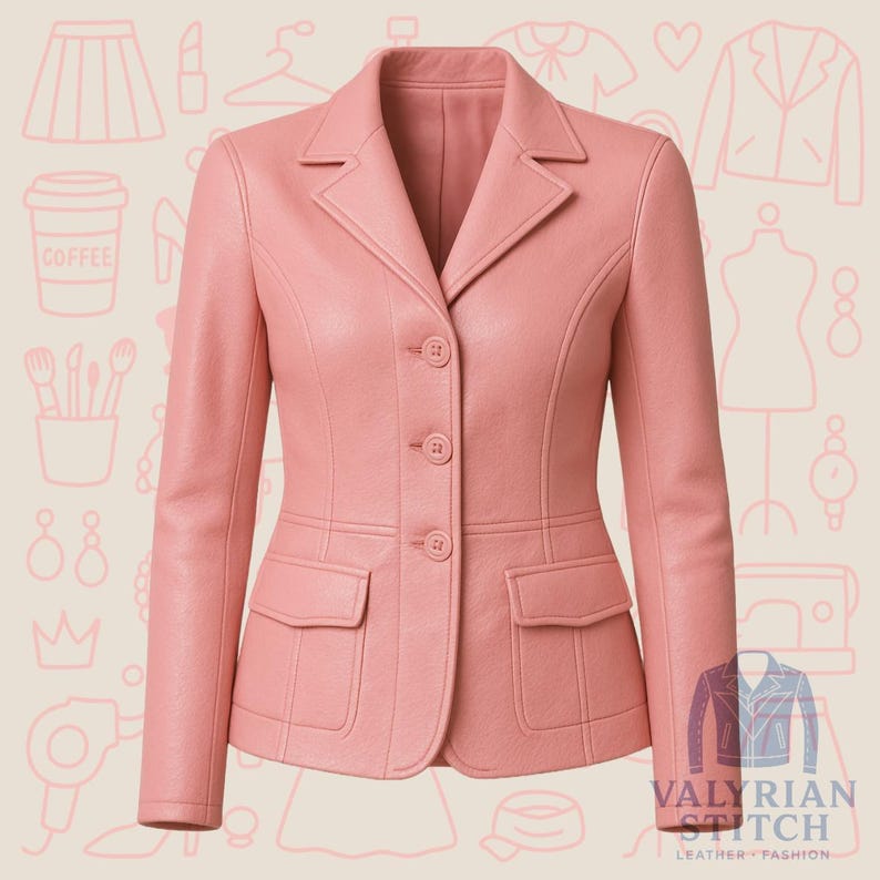 May include: A light pink leather blazer with a classic tailored design. The jacket features a notched collar, three-button closure, two front pockets, and long sleeves. The blazer is from Valyrian Stitch.