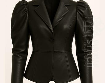 Women’s Puff Sleeve Black Leather Jacket | Fitted Blazer Style