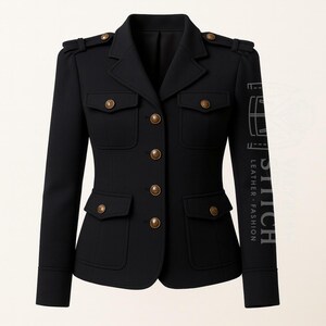 May include: A black military-style jacket with gold-colored buttons and four front pockets. The jacket has a tailored fit, shoulder epaulets, and a notched collar. The sleeve features the text "STITCH LEATHER FASHION".