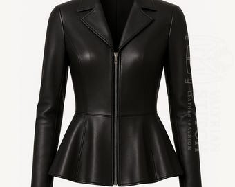 Women’s Black Peplum Leather Jacket | Elegant Fitted Zip-Up Blazer