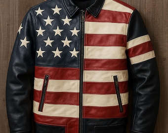 Giacca da motociclista in pelle con bandiera americana: capospalla patriottico a stelle e strisce