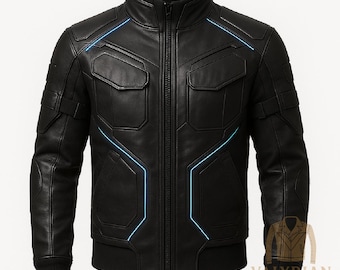 May include: Black leather jacket with a stand-up collar, two chest pockets, and a zip-up front. The jacket features blue neon-style accents along the seams and a ribbed hem. The Valyrian Stitch logo is visible in the bottom right corner.