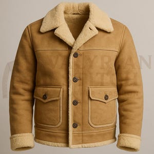 Men’s Shearling-Lined Suede Leather Jacket — Western-Style Warm Winter Coat with Sheepskin Collar and Button Closure