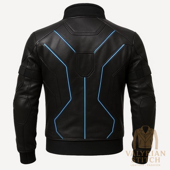 Futuristic Black Leather Cyberpunk Jacket: LED Trim Sci-fi Coat