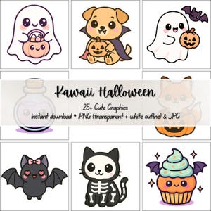 Clipart Halloween kawaii : 25 images PNG (transparents) et JPG mignonnes | Fantômes pastel, citrouilles, chauves-souris | Stickers numériques pour la Cricut et la sublimation