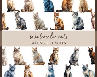 May include: A collection of watercolor cat cliparts in various breeds and colors, including Siamese, tabby, and calico. The image includes the text "Watercolor cats" and "50 PNG CLIPARTS".