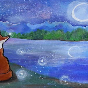 Art Print Fox and Moon Lake Whimsical Storybook Artwork Woodland Nursery Decor Gift for Kids Children&#39;s Decor