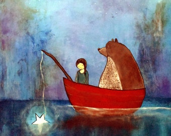 Art Print Woodland Bear Nursery Decor Whimsical Storybook Artwork for Children Star Lake