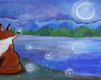 Art Print Fox and Moon Lake Whimsical Storybook Artwork Woodland Nursery Decor Gift for Kids Children's Decor